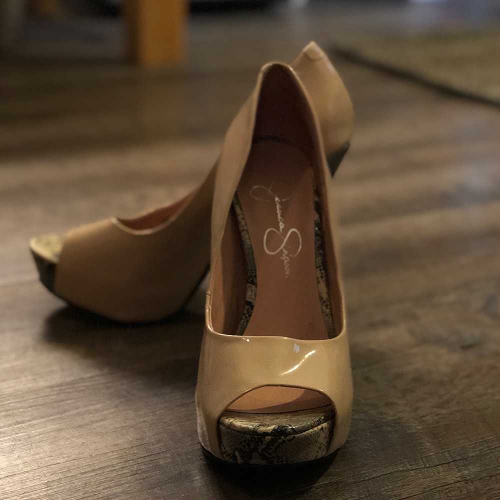 Peep toe nude and alligator print heels